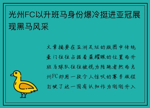 光州FC以升班马身份爆冷挺进亚冠展现黑马风采