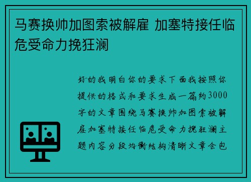 马赛换帅加图索被解雇 加塞特接任临危受命力挽狂澜